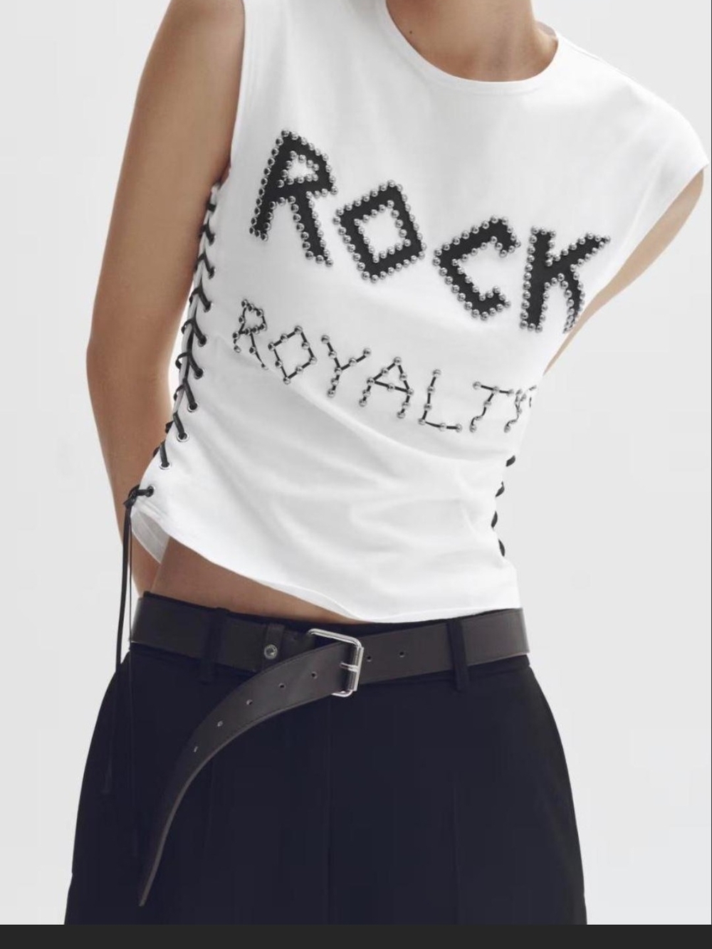 White Lace-Up 'Rock Royalty' Studded Tank Top